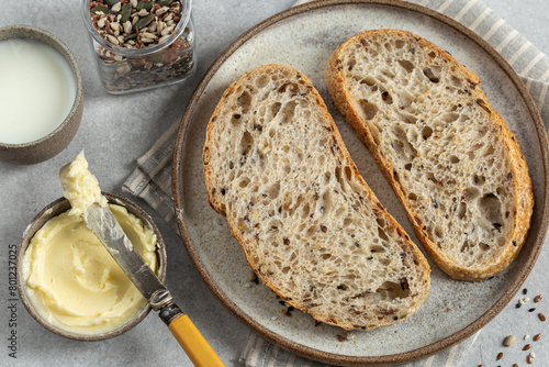 slices of homemade seeded multigrain sour dough bread