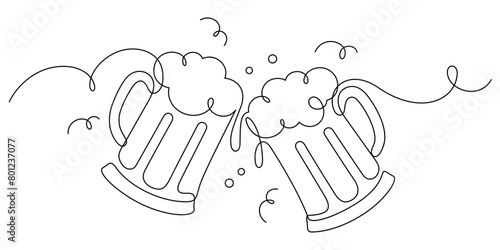 beer glass clinking in one line drawing funny and happy hour party celebration