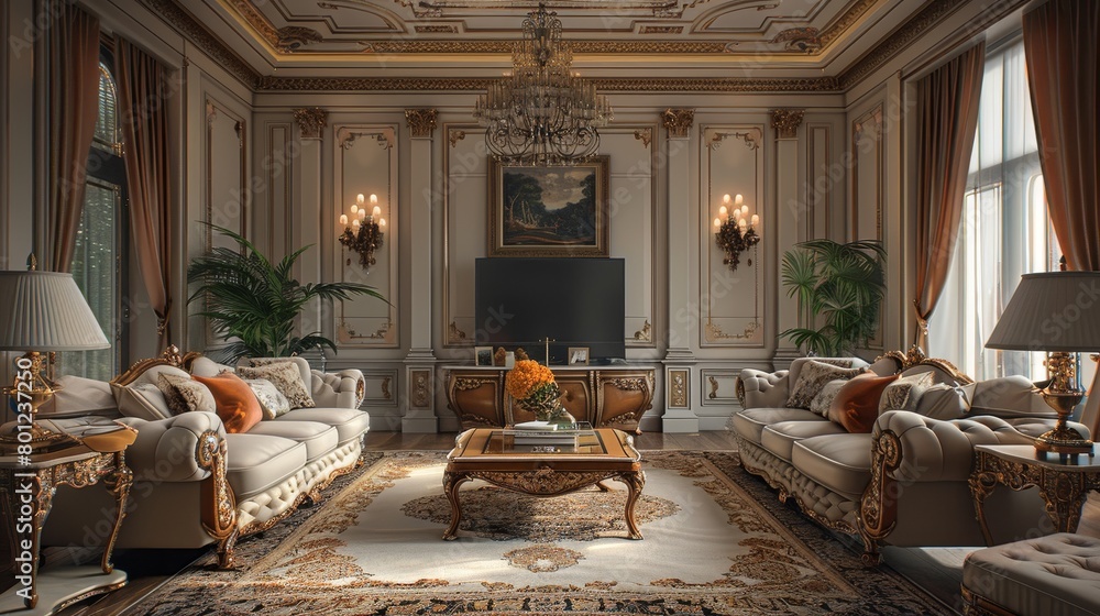 Luxury Living Room High-End Designs: A 3D illustration showcasing high-end designs for a luxury living room