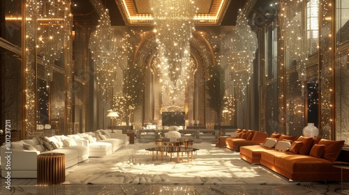 Luxury Living Room Glamorous Setting: A 3D illustration depicting the glamorous setting of a luxury living room