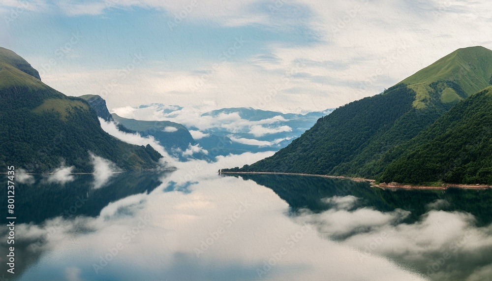 spring landscape with flowers lake and mountains lake and mountains fog in the mountains