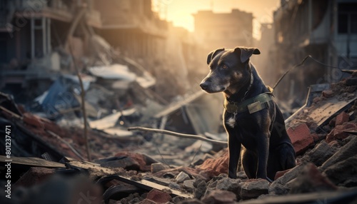 A brave dog sits in a destroyed city. The dog is wearing a vest with the words 