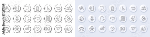 Difficult stress, Covid app and Digestion line icons. White pin 3d buttons, chat bubbles icons. Pack of Dont touch, Not looking, Vaccination icon. Vector