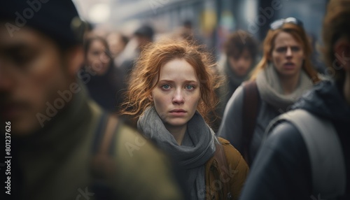 A woman with red hair and a worried expression on her face is walking through a crowded city street