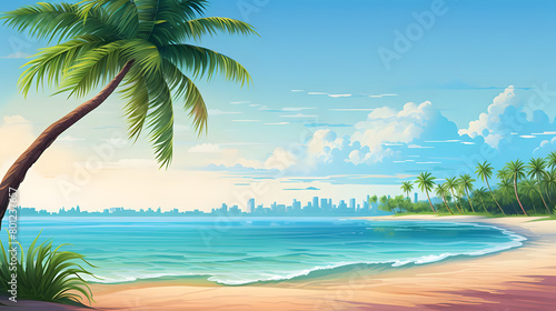 Coastal Haven  Sunny Skies  Palm Trees. Realistic Beach Landscape. Vector Background