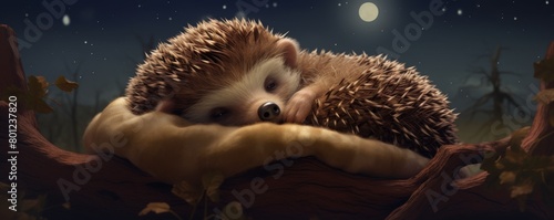 The cute baby hedgehog is sleeping soundly in the moonlight. photo