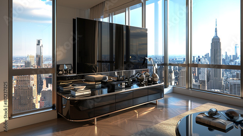 An upscale apartment interior with a contemporary high-gloss lacquered TV stand supporting a large wall-mounted TV, showcasing luxurious furnishings and expansive city views. photo