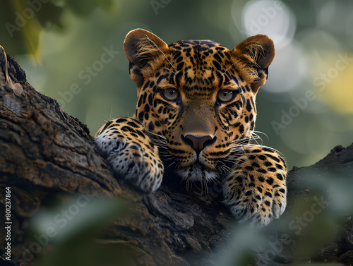 A leopard is resting on a tree branch  The background is a blur of green.