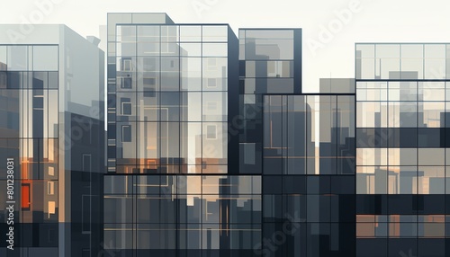 The image shows a modern glass and steel office building with a curtain wall facade reflecting the sky.