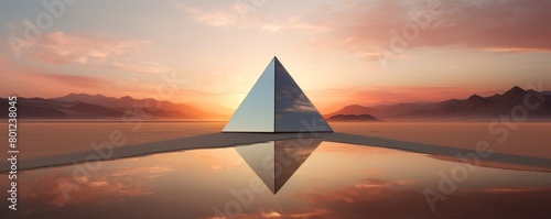The image shows a large triangular pyramid made of glass or metal  sitting on a reflective surface that may be water or glass. The sky is a gradient of orange and yellow.