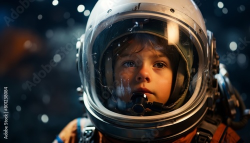 The image shows a young girl in a spacesuit looking out of the window in awe
