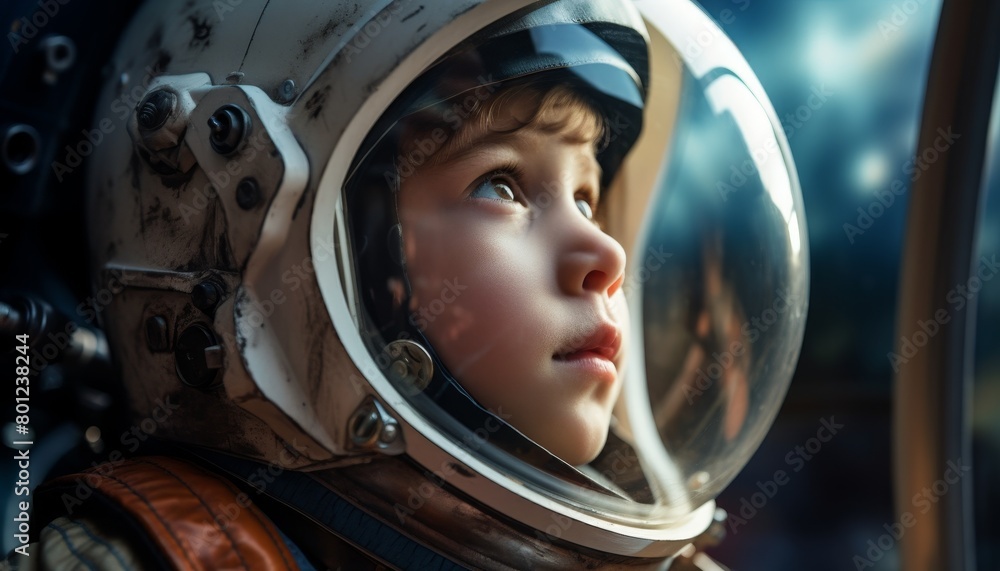 A young boy dressed in a spacesuit with his helmet on, looking out into space with wonder in his eyes. A young boy dressed in a spacesuit with his helmet on, looking out into space with wonder in his eyes.