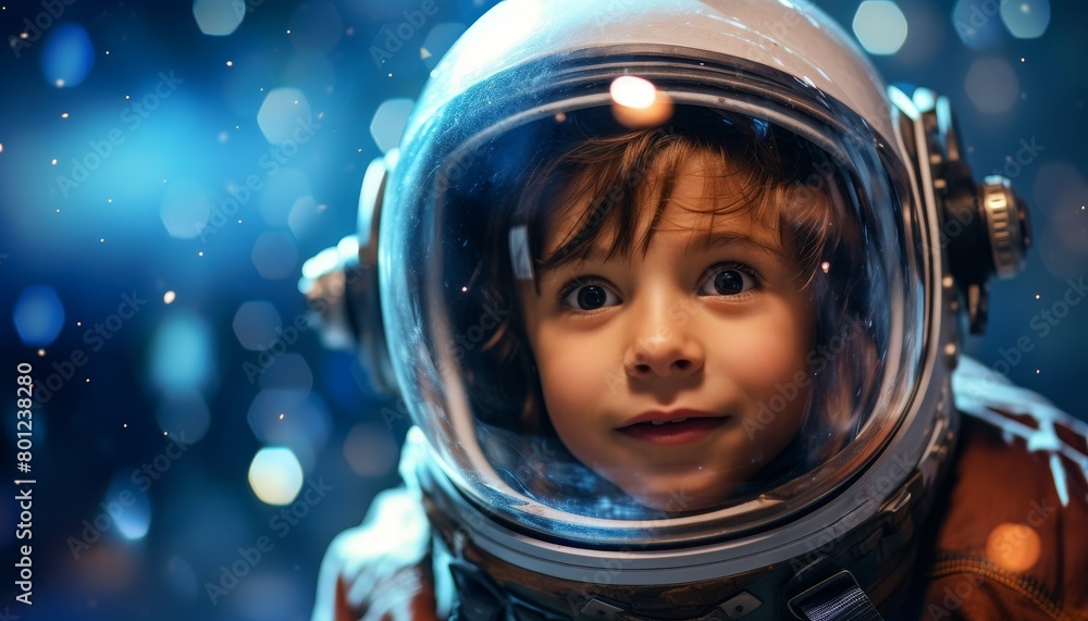 A young child dressed in a spacesuit with a helmet on, looking up in wonder at the stars. A young child dressed in a spacesuit with a helmet on, looking up in wonder at the stars.