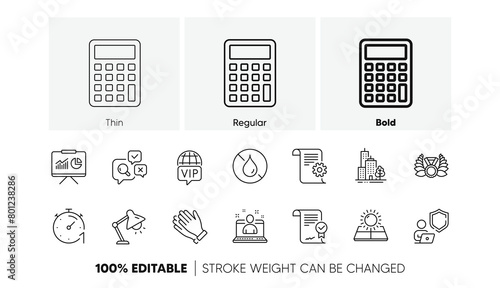 Sun energy, Timer and Laureate medal line icons. Pack of Shield, Technical documentation, Skyscraper buildings icon. Table lamp, Clapping hands, No waterproof pictogram. Vip internet. Vector