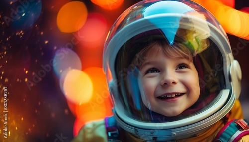 The photo shows a young child astronaut