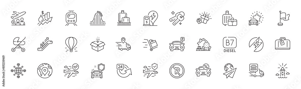 Fototapeta premium Logistics network, Flag and Car leasing line icons. Pack of Baggage reclaim, Delivery truck, Rise price icon. Keys, Roller coaster, 24 hours pictogram. Parking, Baggage, Baby carriage. Vector
