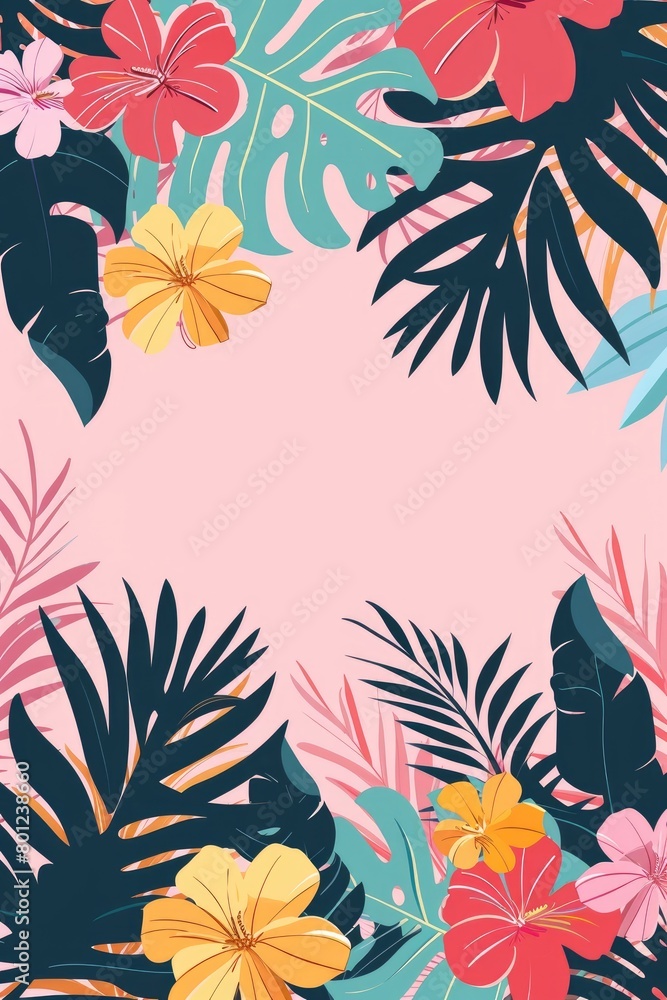 bright tropical summer background with palm leaves and tropical flowers in veil style. fashionable summer concept. banner or advertising poster bright tropical summer background with palm leaves and tropical flowers in veil style. fashionable summer concept. banner or advertising poster