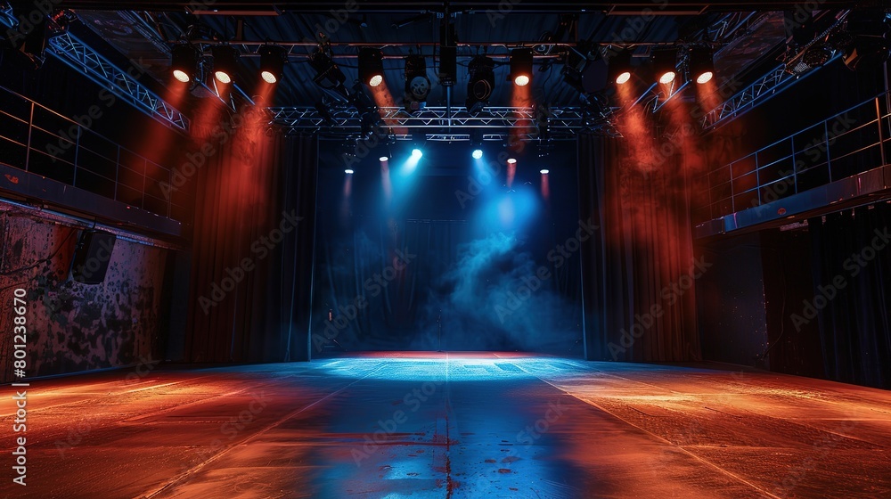retro vintage interior theater stage with blue redspotlights shine on rustic floor with smoke drifting around, background backdrop, Generative Ai