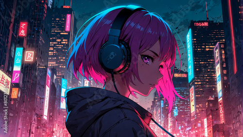 Anime girl with headphones listening and vibing to music with a cyberpunk city skyline as background © The A.I Studio