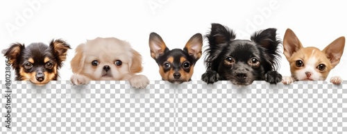 Dogs and cats peeking over a white wall, showcasing various dog breeds