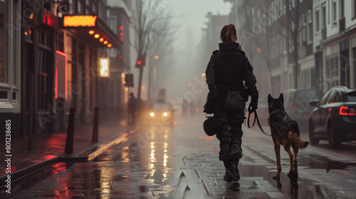 Police dog on duty patrol with a police officer in a large city street photo