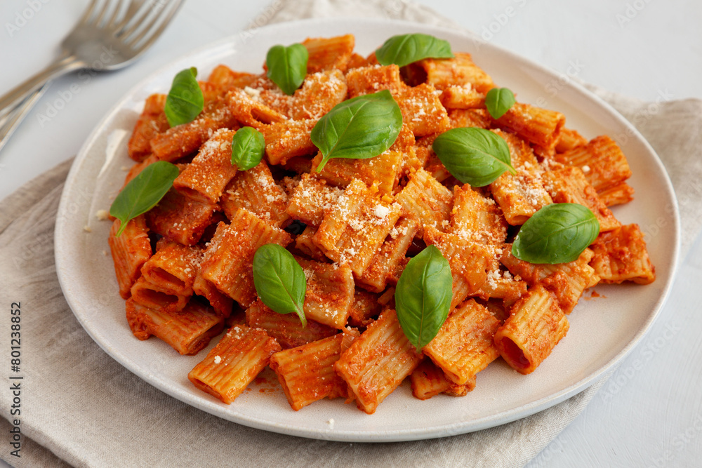 Homemade Vodka Rigatoni Pasta with Parmesan Cheese and Basil, side view. Homemade Vodka Rigatoni Pasta with Parmesan Cheese and Basil, side view.