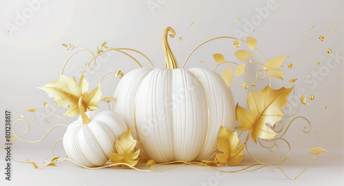 Elegant white pumpkins with golden leaves, an artistic autumn celebration, for festive and seasonal design themes