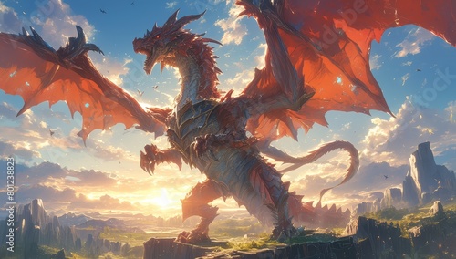 A fantasy-style red dragon with large wings flying over the landscape in an epic fantasy art style