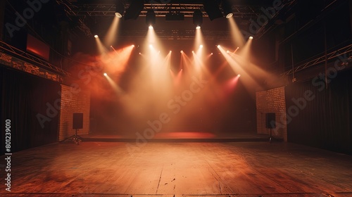 retro vintage interior theater stage with orange spotlights shine on rustic floor with smoke drifting around  background backdrop  Generative Ai