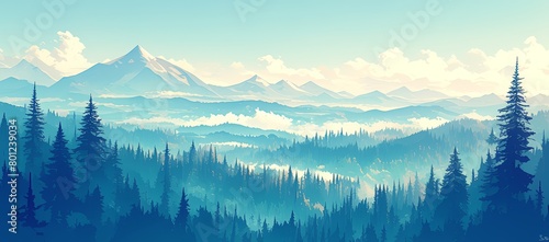 A flat illustration of a misty morning in the mountains, with pine trees and distant peaks shrouded in clouds.