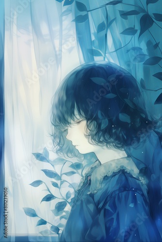 Anime-style illustration girl surrounded by blue leaves light calm introspection