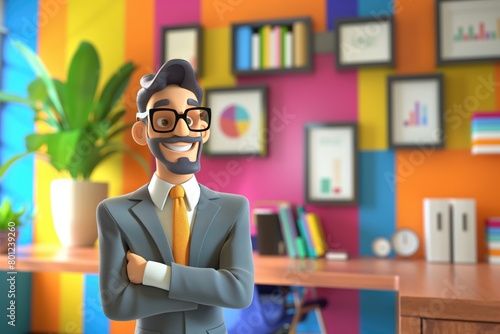 Vibrant cartoon businesswoman standing and looking at camera in his office as business equality and inclusivity concept