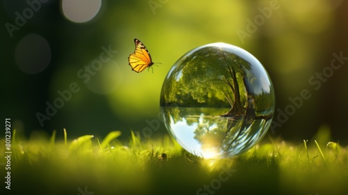 an earthly crystal glass ball and a growing tree, a flying yellow butterfly on a green sunny background  photo