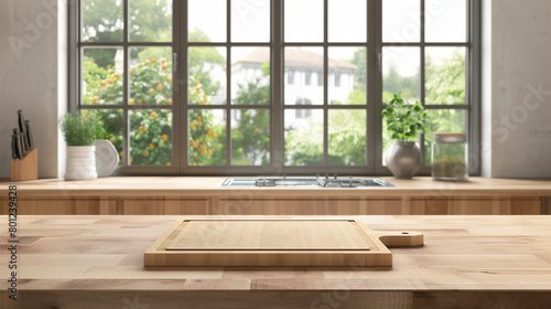 A kitchen with a wooden countertop and a window. The kitchen is well-stocked with various items such as a bottle, a bowl, a cup, a spoon, a knife, and a potted plant