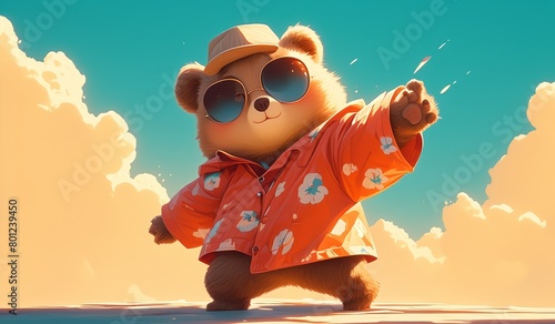 A cute bear wearing sunglasses and a hat dancing in a full body shot