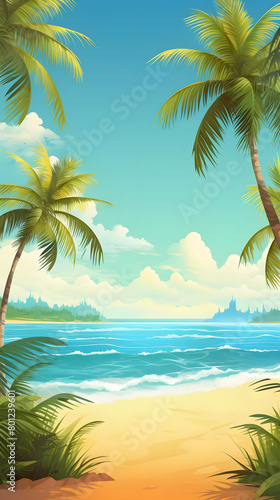 Beach Bliss  Sunny Skies  Palm Trees. Realistic Beach Landscape. Vector Background