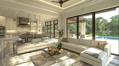 Open Concept Living Room Modern Design: A 3D image featuring an open-concept living room