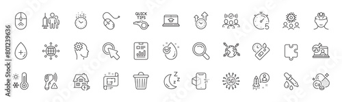 Chemistry pipette, Time management and Engineering line icons. Pack of Online chemistry, Time, Tutorials icon. Medical vaccination, Report document, Puzzle pictogram. Line icons. Vector