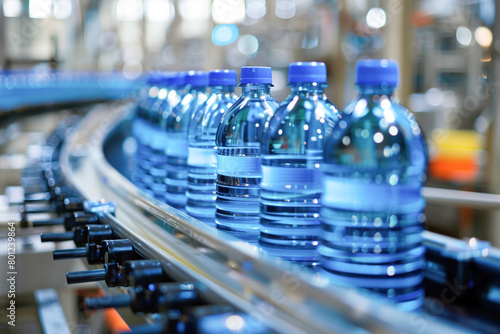 Bottled water on a conveyor belt in an industrial environment