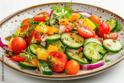 Colorful fresh vegetable salad on rustic plate