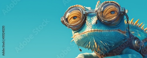 A cute chameleon wearing glasses on teal background