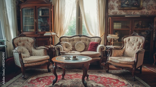 Vintage Living Room Cozy Atmosphere  A photo showcasing a vintage living room with a cozy atmosphere