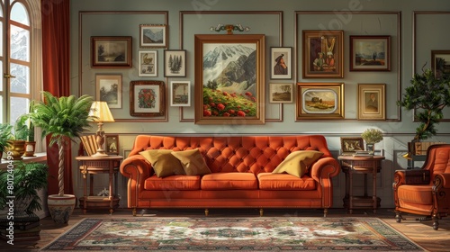 Vintage Living Room Nostalgic Ambiance: An illustration depicting a vintage living room with a nostalgic ambiance © MAY