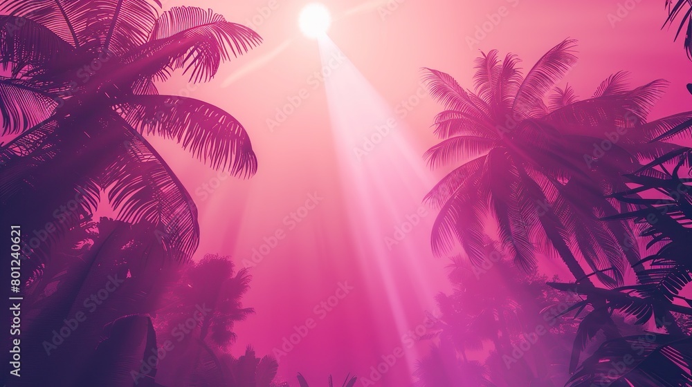 a sunset over a beach. The sky is a bright pink color, and the sun is setting behind some palm trees. The palm trees are silhouetted against the sky.