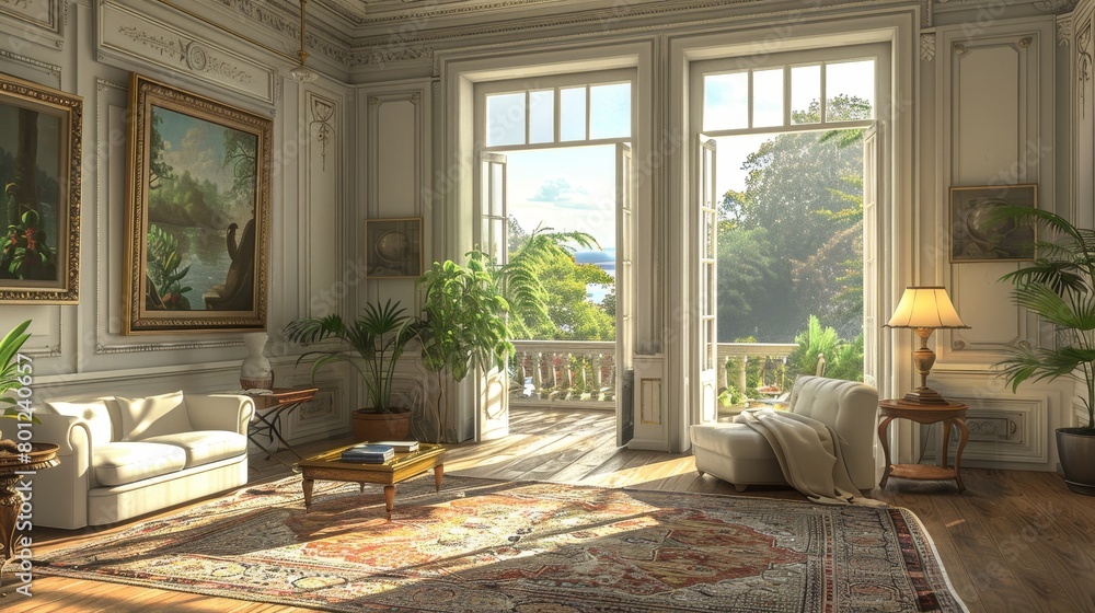 Vintage Living Room Timeless Elegance: A 3D illustration featuring a vintage living room with timeless elegance