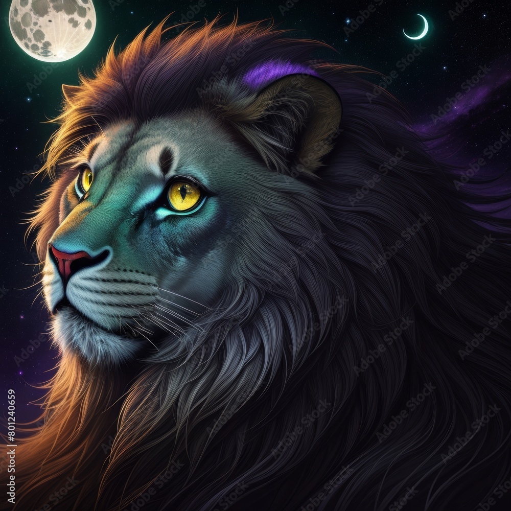 Beautiful Illustration Of A Lion's Face On The Night Sky, Closeup, Green And Purple, Moon In The Back