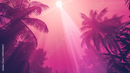 a sunset over a beach. The sky is a bright pink color  and the sun is setting behind some palm trees. The palm trees are silhouetted against the sky.