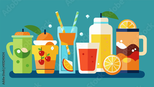 A variety of refreshing beverages from lemonade to iced tea keeping everyone cool and hydrated.. Vector illustration