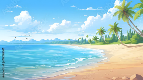 Tropical Tranquility  Sandy Shoreline  Clear Waters. Realistic Beach Landscape. Vector Background