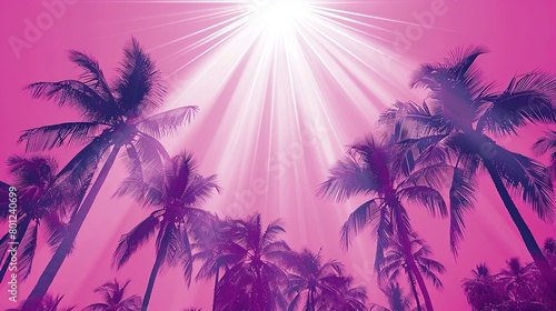 a sunset over a beach. The sky is a bright pink color  and the sun is setting behind some palm trees. The palm trees are silhouetted against the sky.